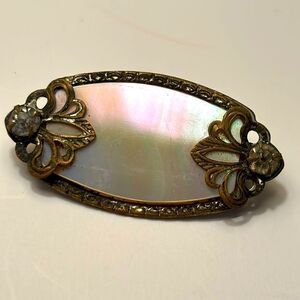 Vintage Art Deco Mother of Pearl Vintage Era Style Crystal and Brass Pin Brooch